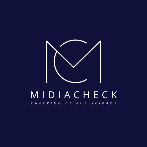 Logotipo Midiacheck com letras brancas e fundo Azul